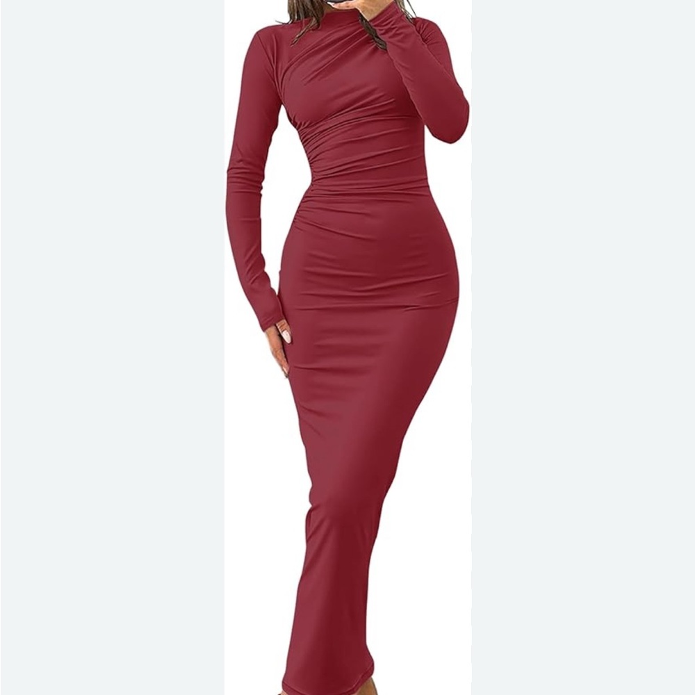 Long Sleeve Ruched Maxi Dress - Burgundy